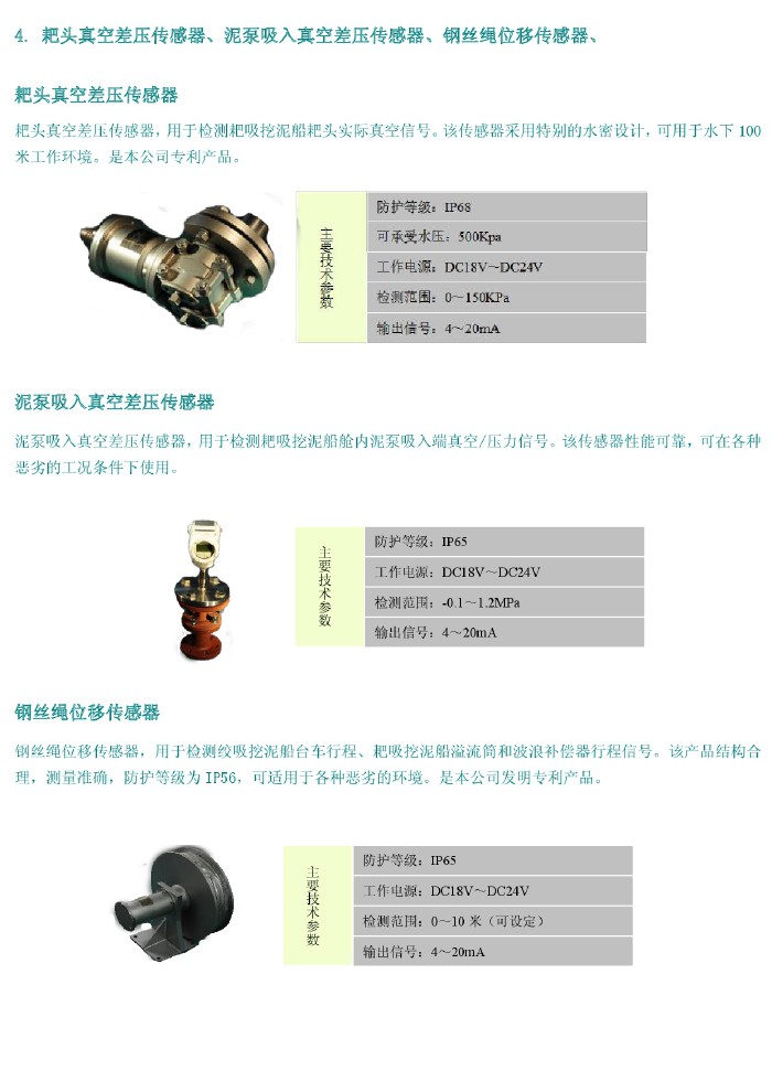 耙頭真空差壓傳感器、泥泵吸入真空差壓傳感器、鋼絲繩位移傳感器、